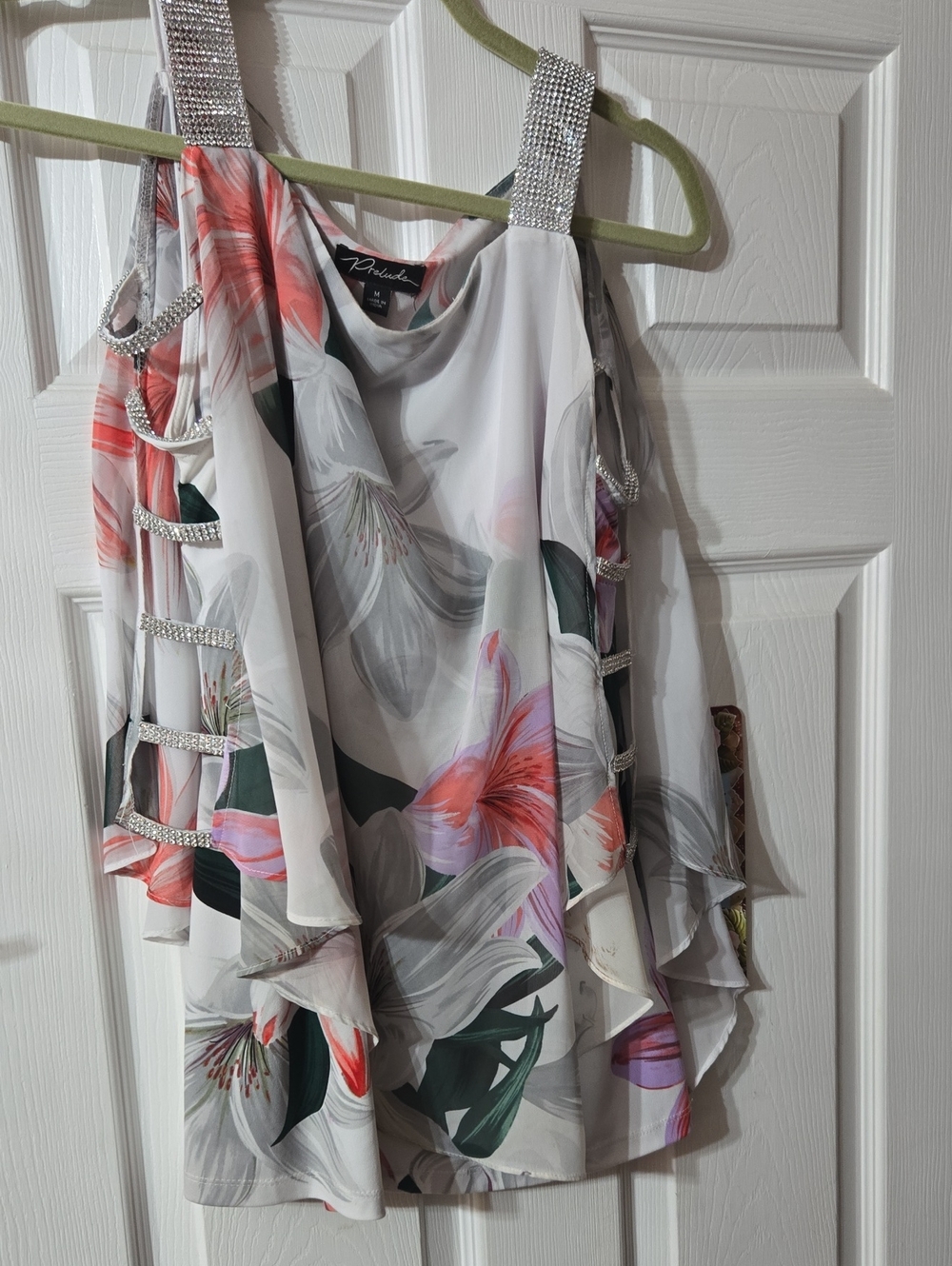 Prelude White Floral Camisole with Rhinestone Straps